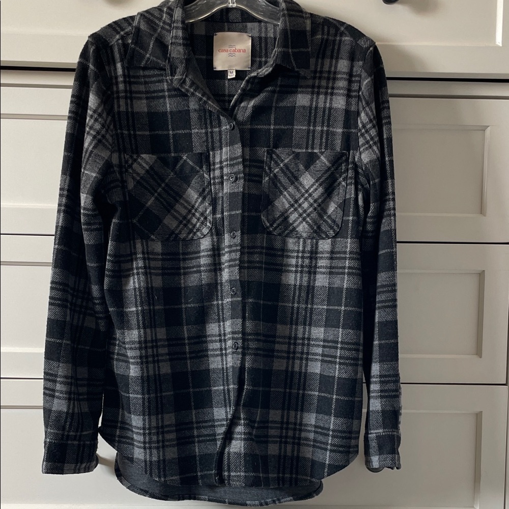 Casa Cabana Sienna Charcoal Plaid Flannel Button Front Shacket Cozy Oversized |M